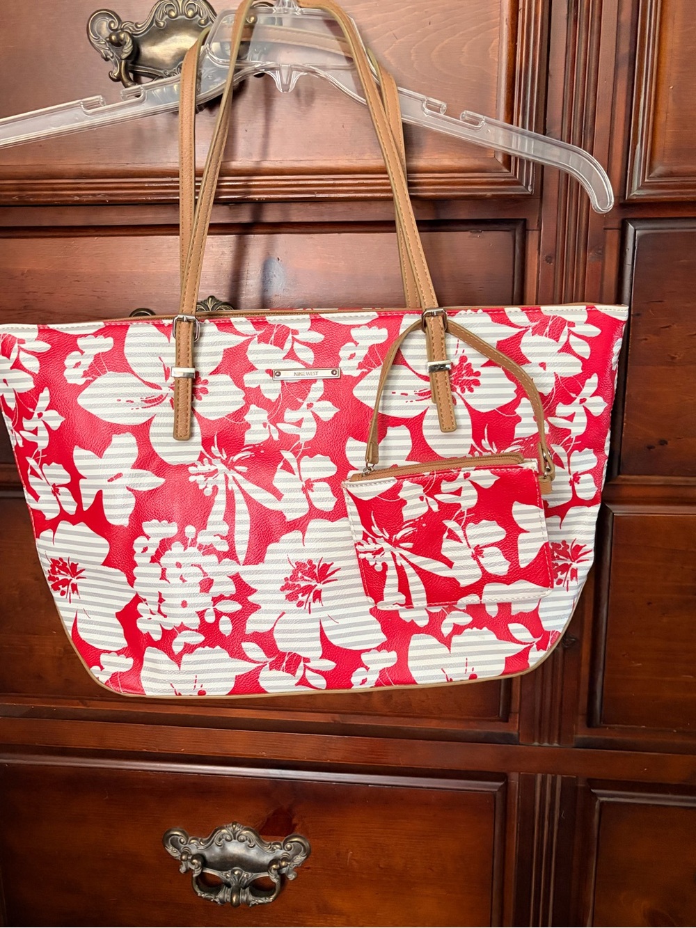 Nine West Red and White Floral Tote with Tan Handles